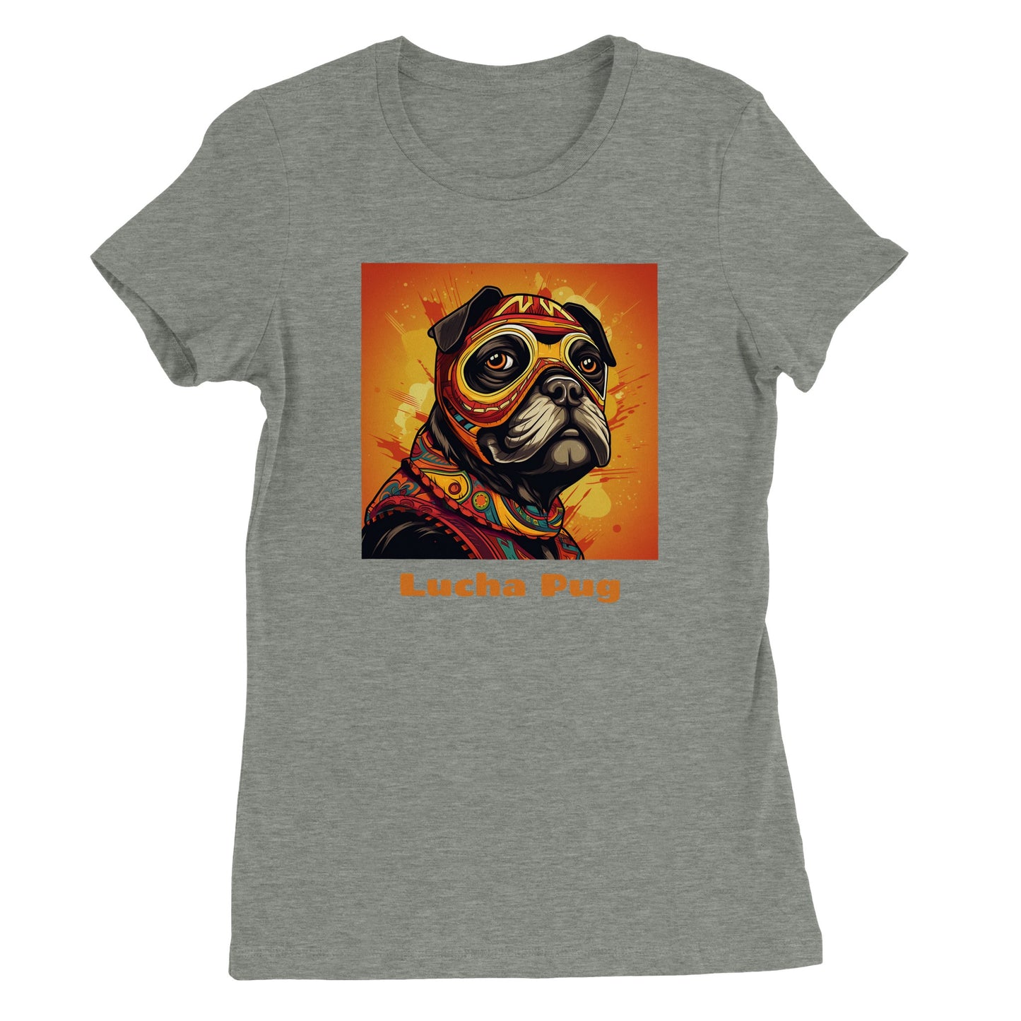 Athletic heather gray t-shirt with the head and shoulders of a  black pug in a colorful lucha mask and outfit on an orange background with the words "Lucha Pug" under the image.