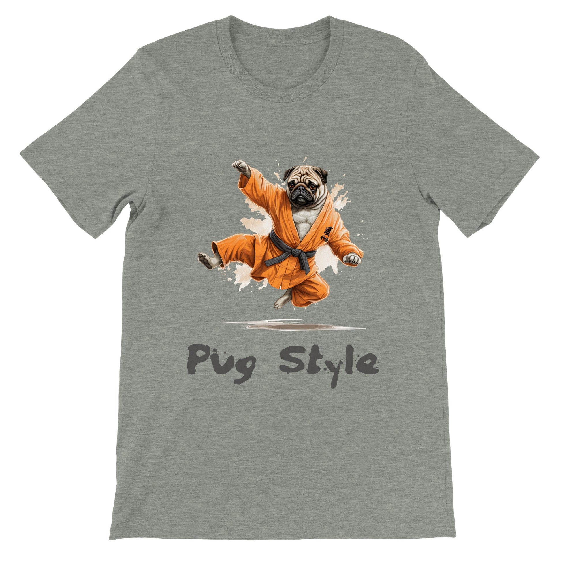 Gray heather t-shirt with a picture of a cartoon pug wearing an orange gi and doing a flying sidekick with the words "Pug Style" written underneath.