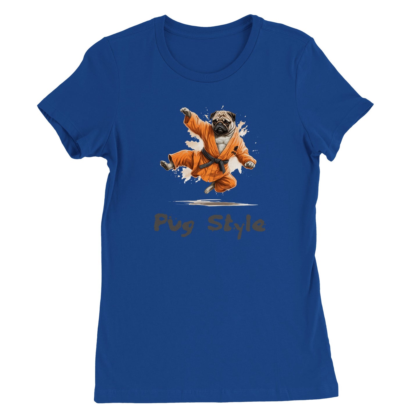 Royal blue t-shirt with a picture of a cartoon pug wearing an orange gi and doing a flying sidekick with the words "Pug Style" written underneath.