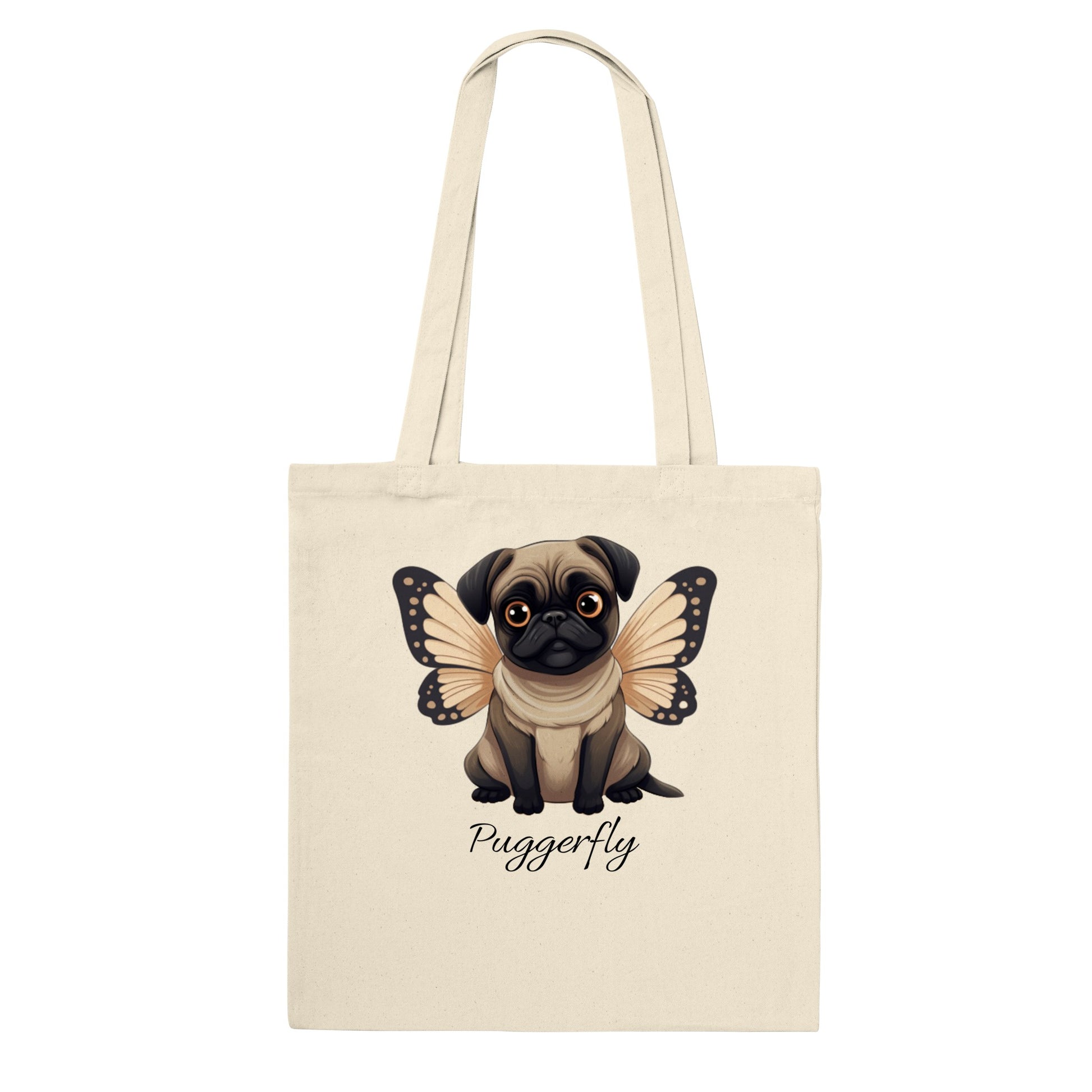 Natural beaige tote bag with a cartoon style picture of a fawn-colored pug with orangey-beige butterfly wings attached to her back and big sad eyes. The word "Puggerfly" is beneath the image.