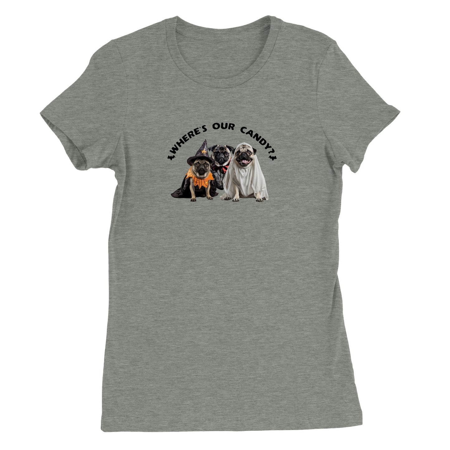 Athletic heather gray t-shirt with a picture of three pugs--one dressed as a witch, one dressed as a vampire, and one dressed as a ghost with the words "Where's our candy?" arched over them.