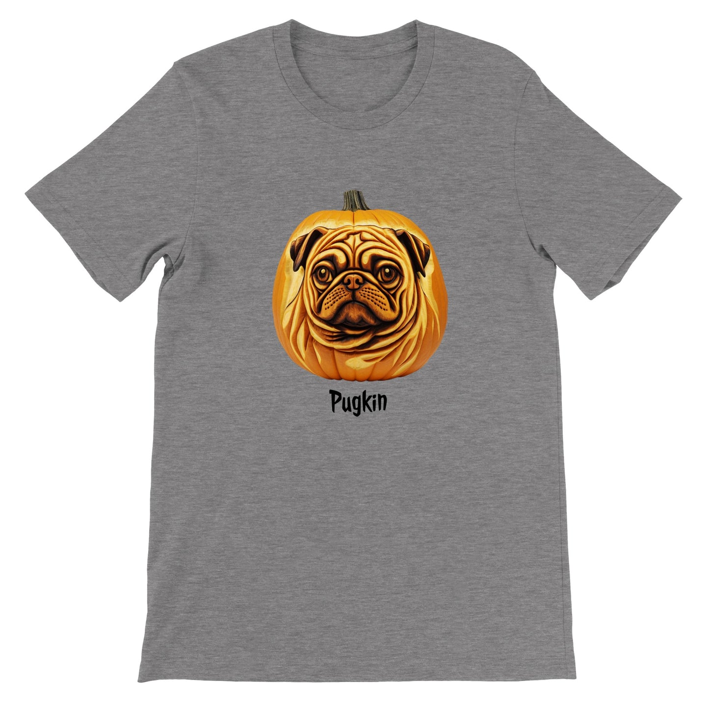 Dark gray heather t-shirt with a pumpkin that has the face of a pug on it. The word Pugkin is written beneath the image.