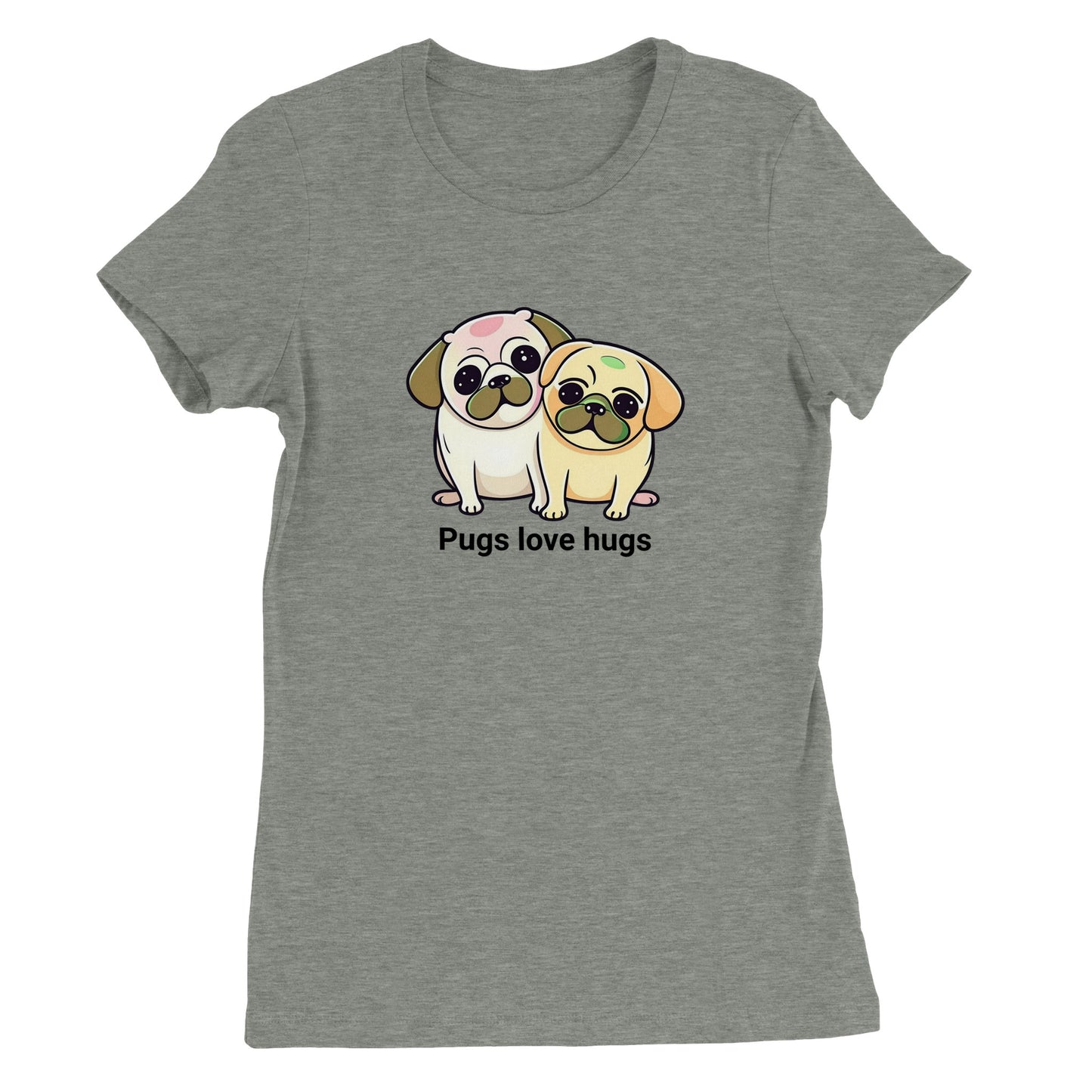 Athletic heather gray t-shirt with two pugs sitting snuggled next to each other. The pugs are drawn in a cartoon Kawaii-icon style and one is more white-beige and the other iis yellow-beige. Underneath the pugs are the words "pugs love hugs."