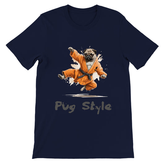 Navy blue t-shirt with a picture of a cartoon pug wearing an orange gi and doing a flying sidekick with the words "Pug Style" written underneath.