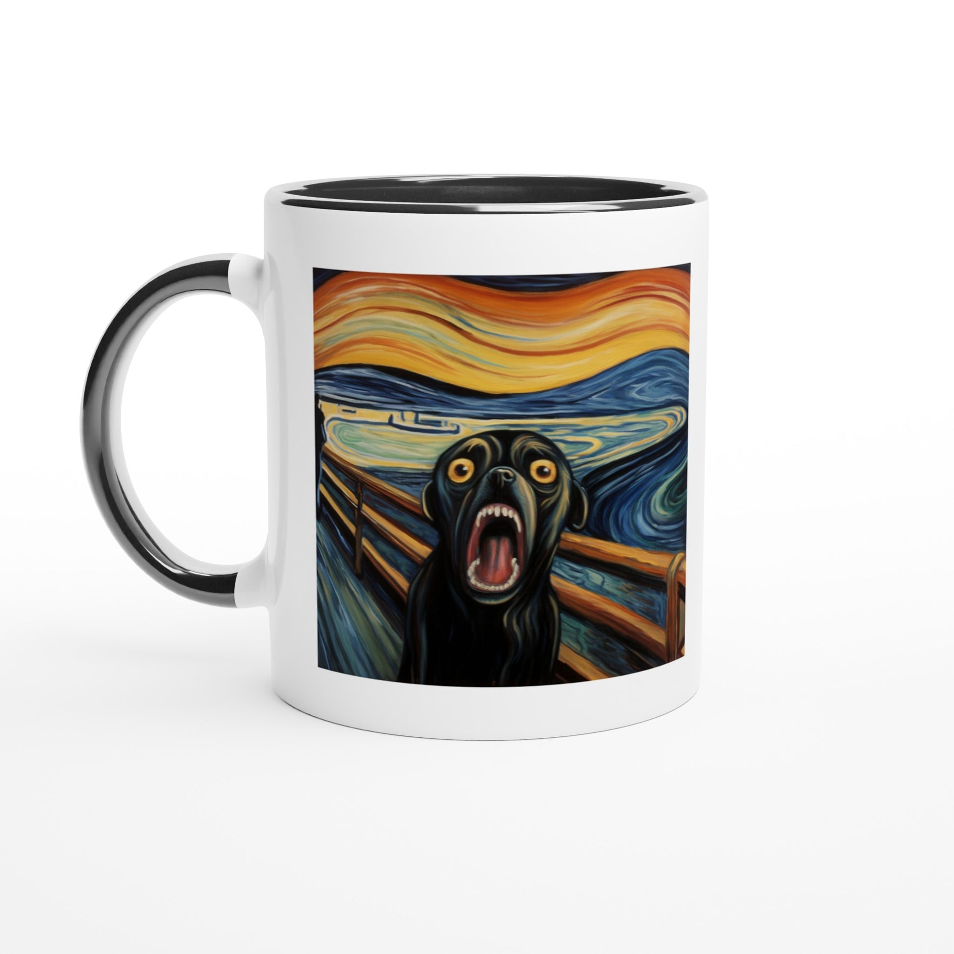 White mug with black handle, rim, and inside, with a pug version of Edvard Munch's "The Scream" 