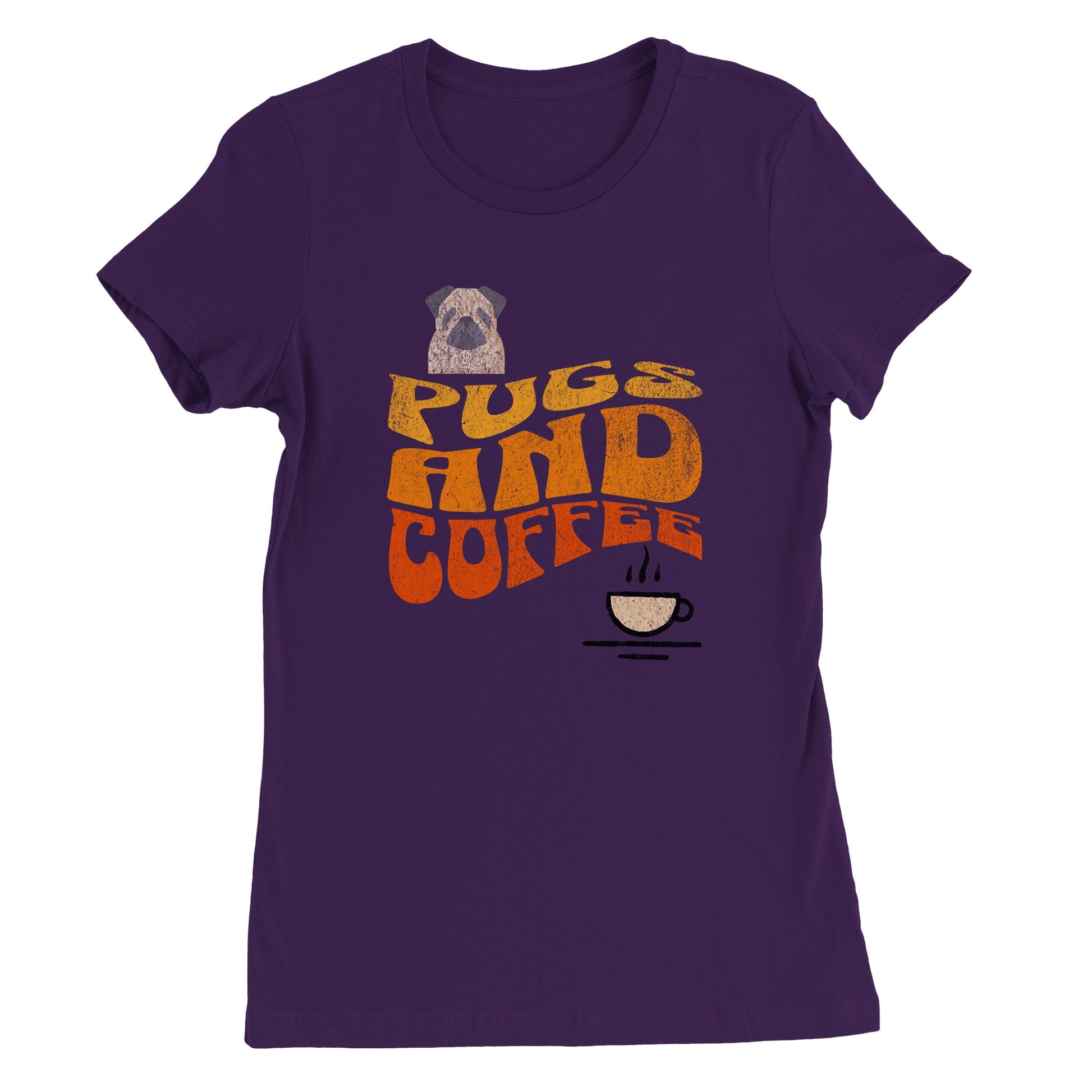 Purple t-shirt with  the words "Pugs and Coffee" in yellow, orange, and red in a retro, faded, wavy style. There is a picture of a cartoon pug above the words on the left and a line-drawing of a steaming cup of coffee below the words on the right.