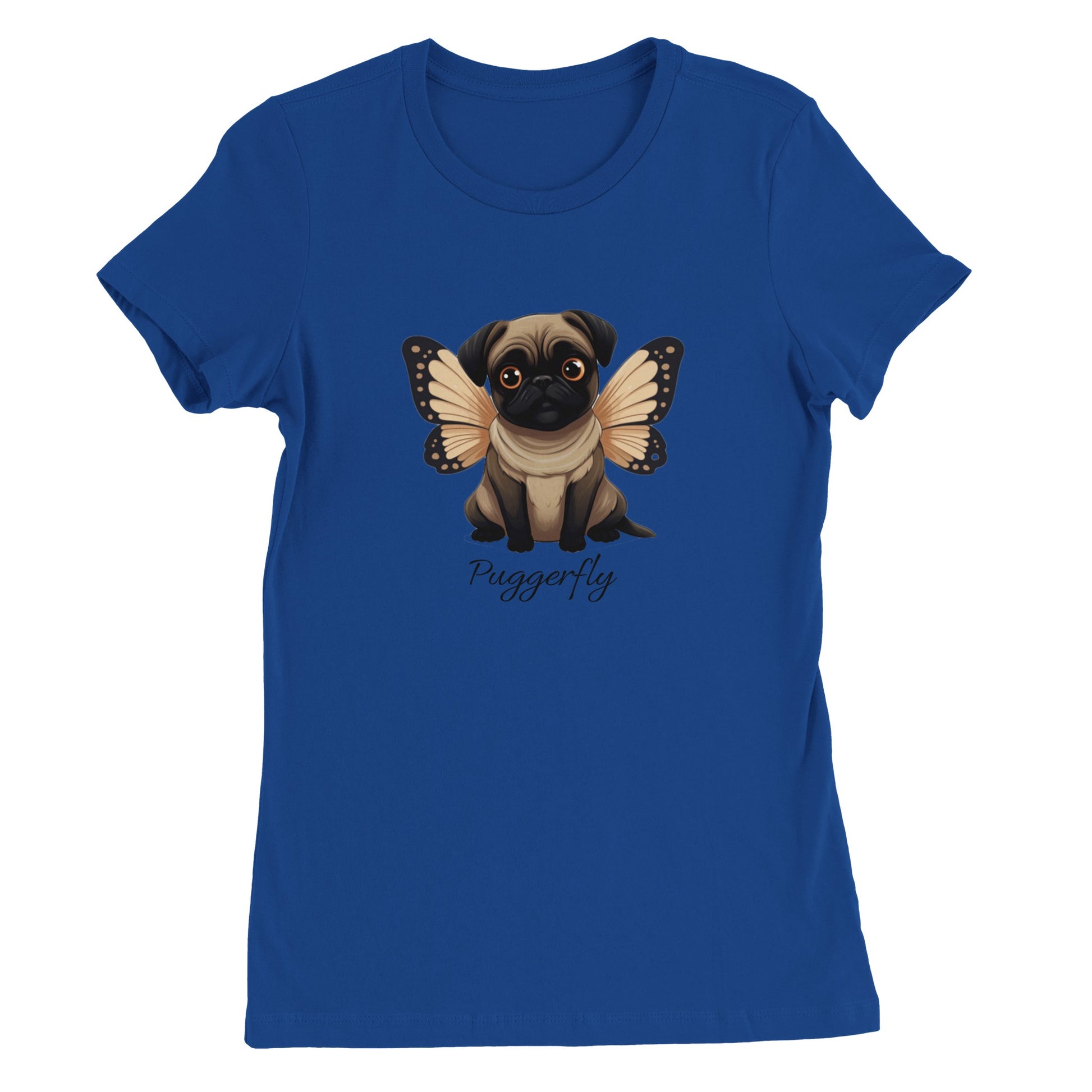 Royal blue t-shirt with a cartoon style picture of a fawn-colored pug with orangey-beige butterfly wings attached to her back and big sad eyes. The word "Puggerfly" is beneath the image.