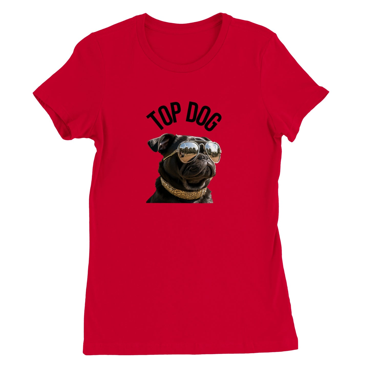 Red t-shirt with the image of a black pug wearing reflective aviator sunglasses and a gold collar. The words "Top Dog" are written in an arc above the image.