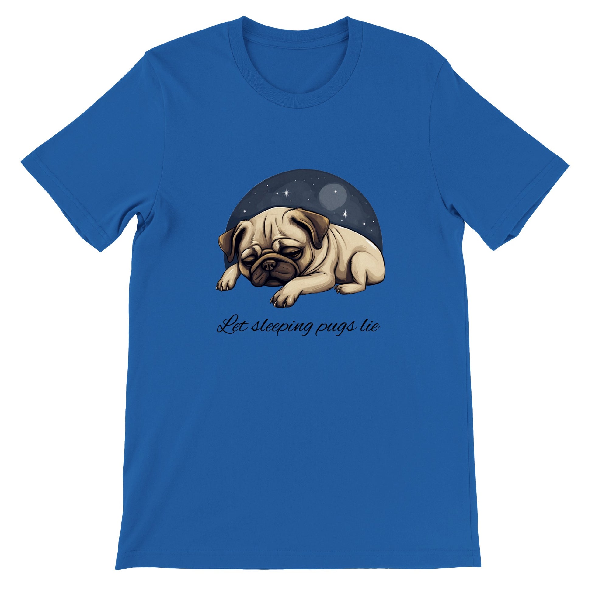 Blue t-shirt with a cartoonish picture of a sleeping pug surrounded by a half-circle of starry night sky with the words "Let sleeping pugs lie" under the image in cursive lettering.