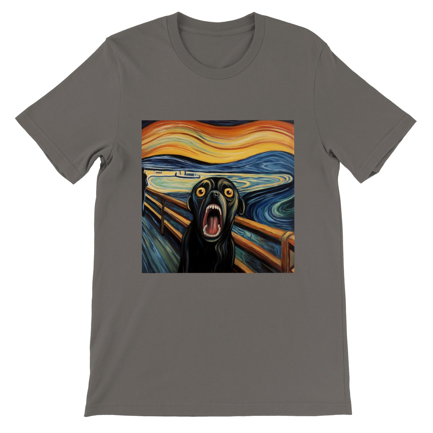 Asphalt-colored t-shirt with a pug version of Edvard Munch's "The Scream" 