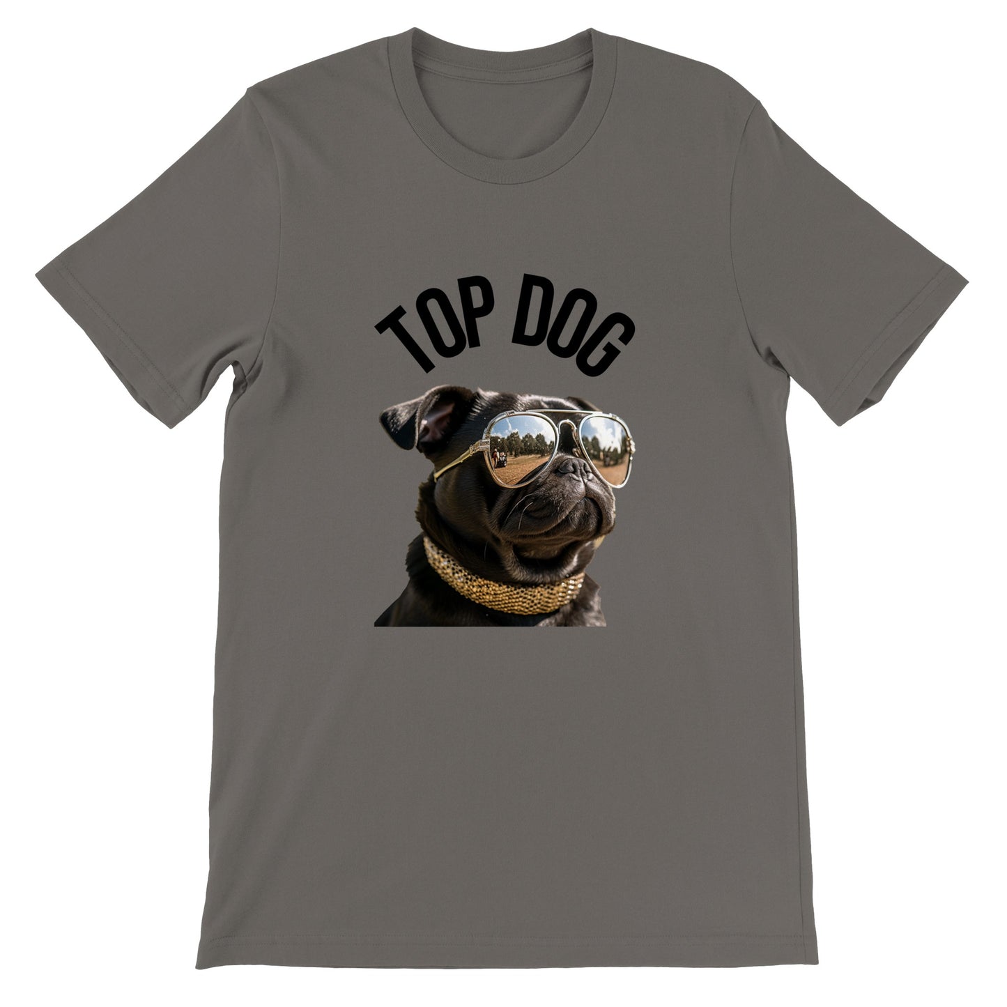 Asphalt-colored t-shirt with the image of a black pug wearing reflective aviator sunglasses and a gold collar. The words "Top Dog" are written in an arc above the image.