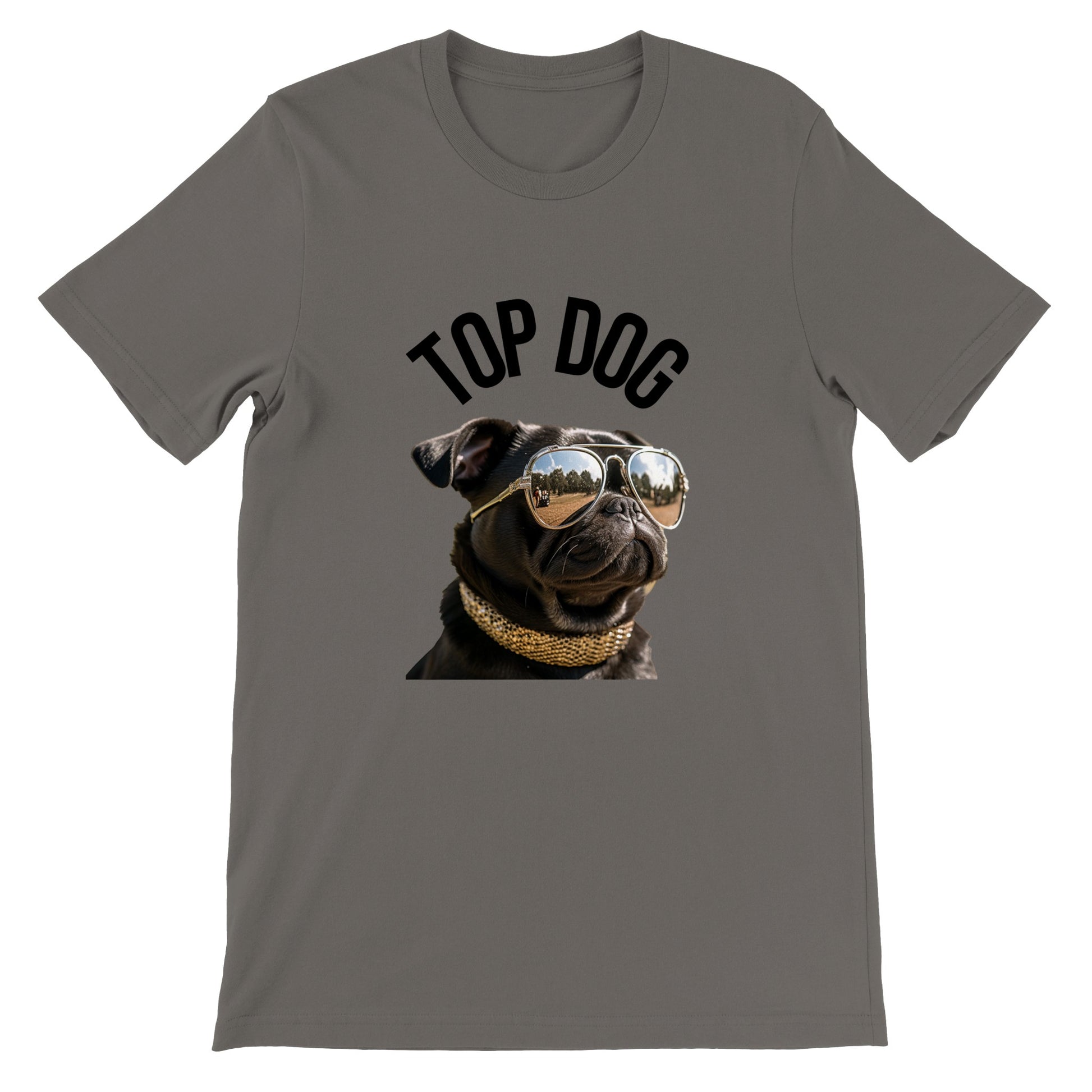 Asphalt-colored t-shirt with the image of a black pug wearing reflective aviator sunglasses and a gold collar. The words "Top Dog" are written in an arc above the image.