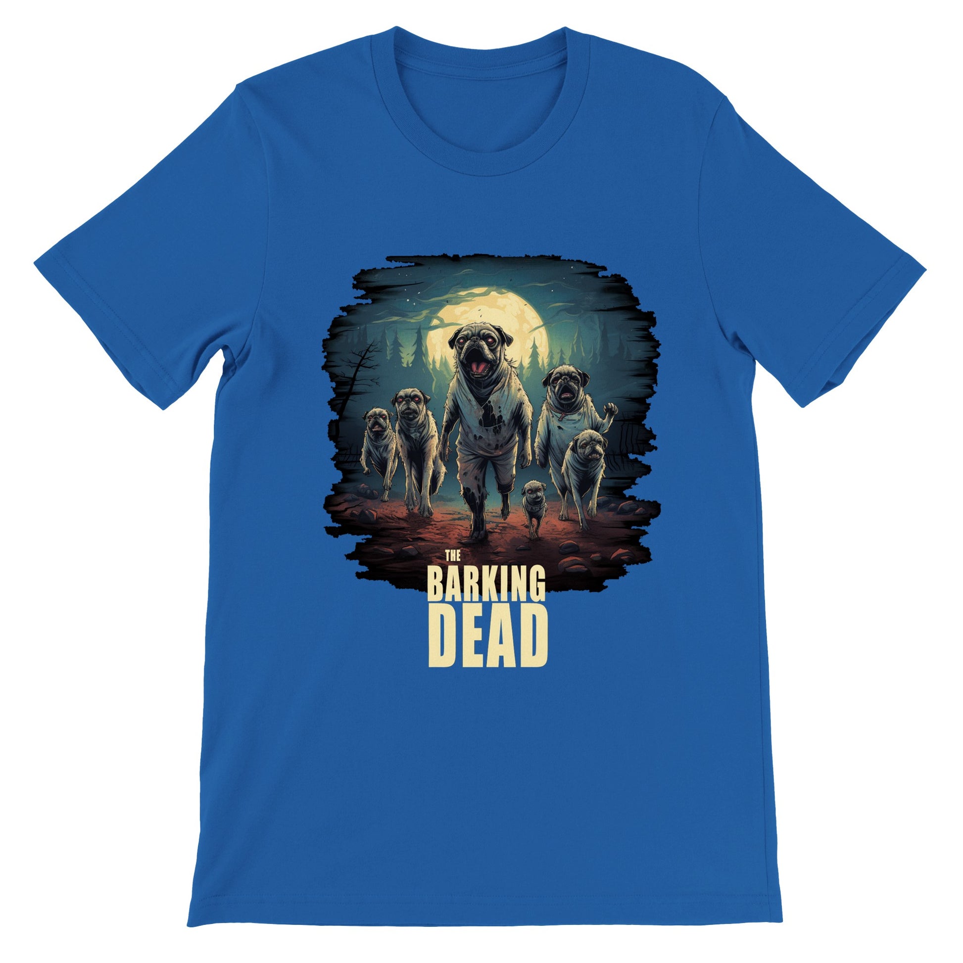 Royal blue t-shirt with the image of a group of zombie pugs walking through a forest on a spooky moonlit night with the words "The barking dead" underneath the image