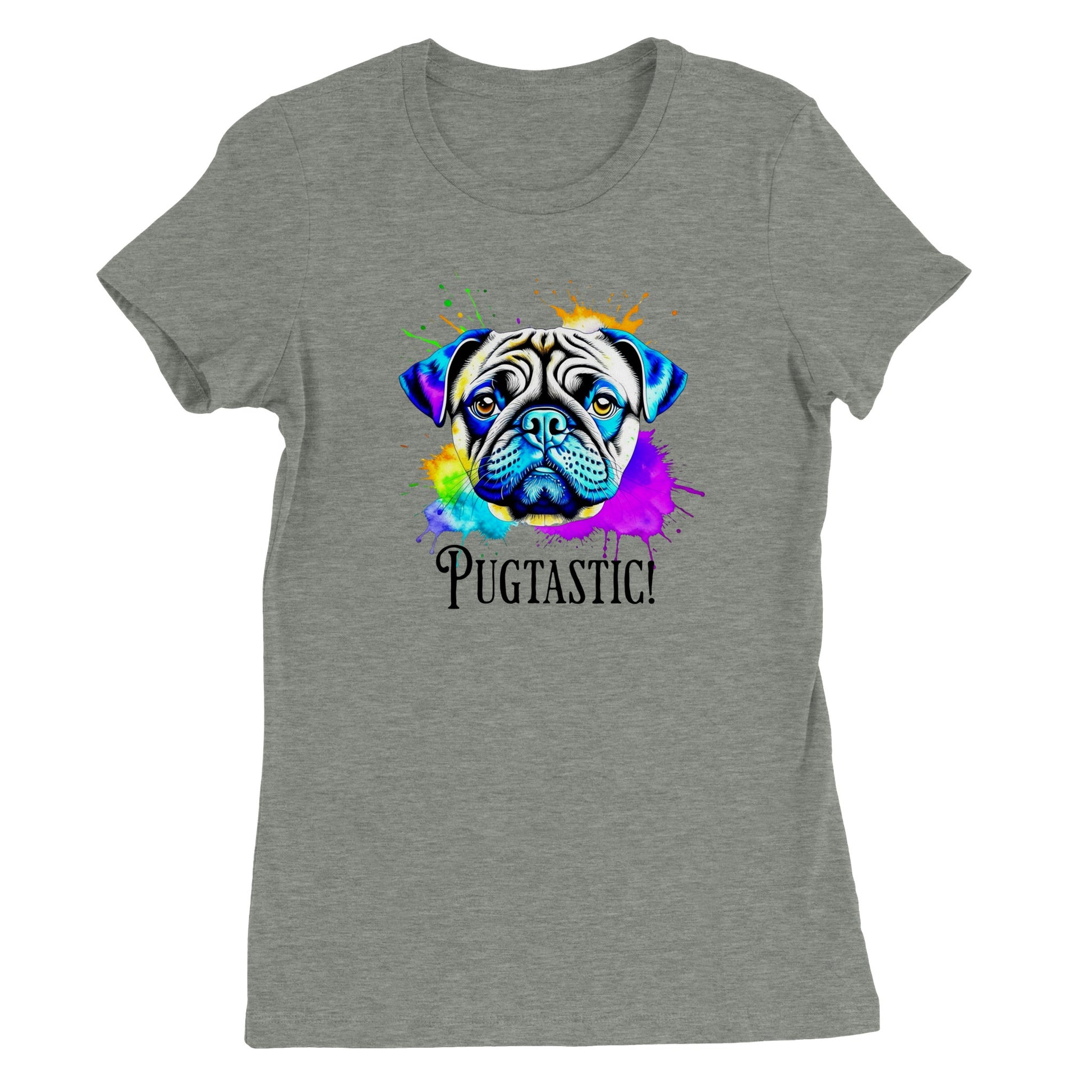 Athletic heather gray t-shirt with the image of a pug done in blues, beige,  and  purple with splotches of orange, yellow, green , blue, and purple around it.  The word "Pugtastic!" is written beneath the image in all caps.