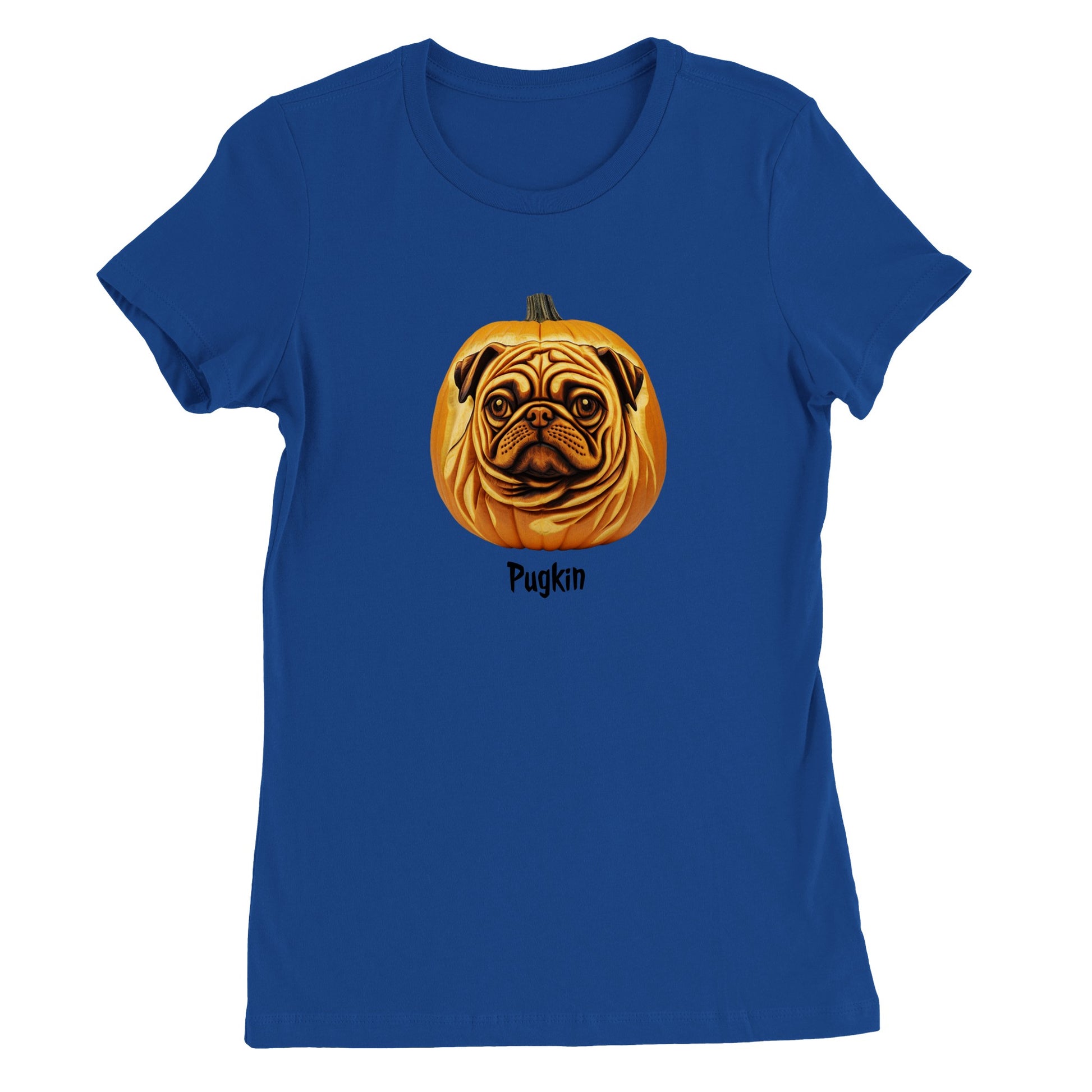 Blue t-shirt with a pumpkin that has the face of a pug on it. The word Pugkin is written beneath the image.