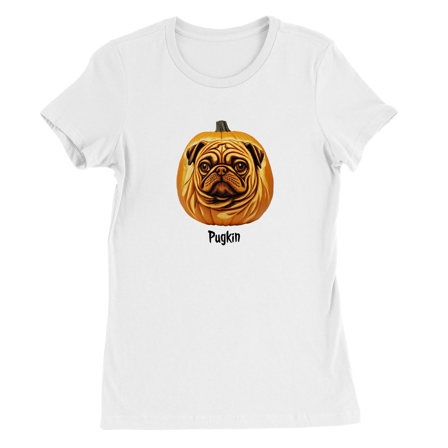 White t-shirt with a pumpkin that has the face of a pug on it. The word Pugkin is written beneath the image.