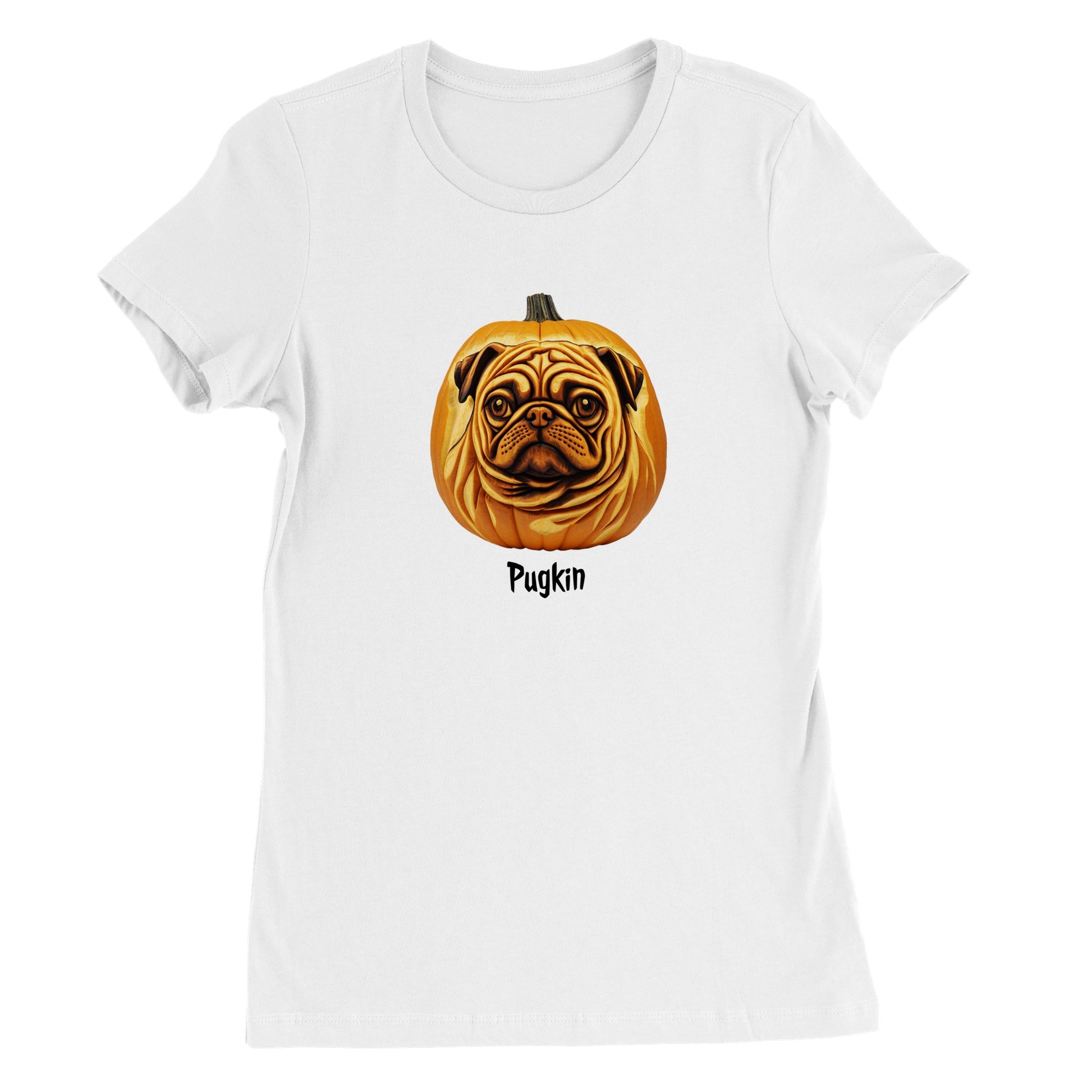 White t-shirt with a pumpkin that has the face of a pug on it. The word Pugkin is written beneath the image.