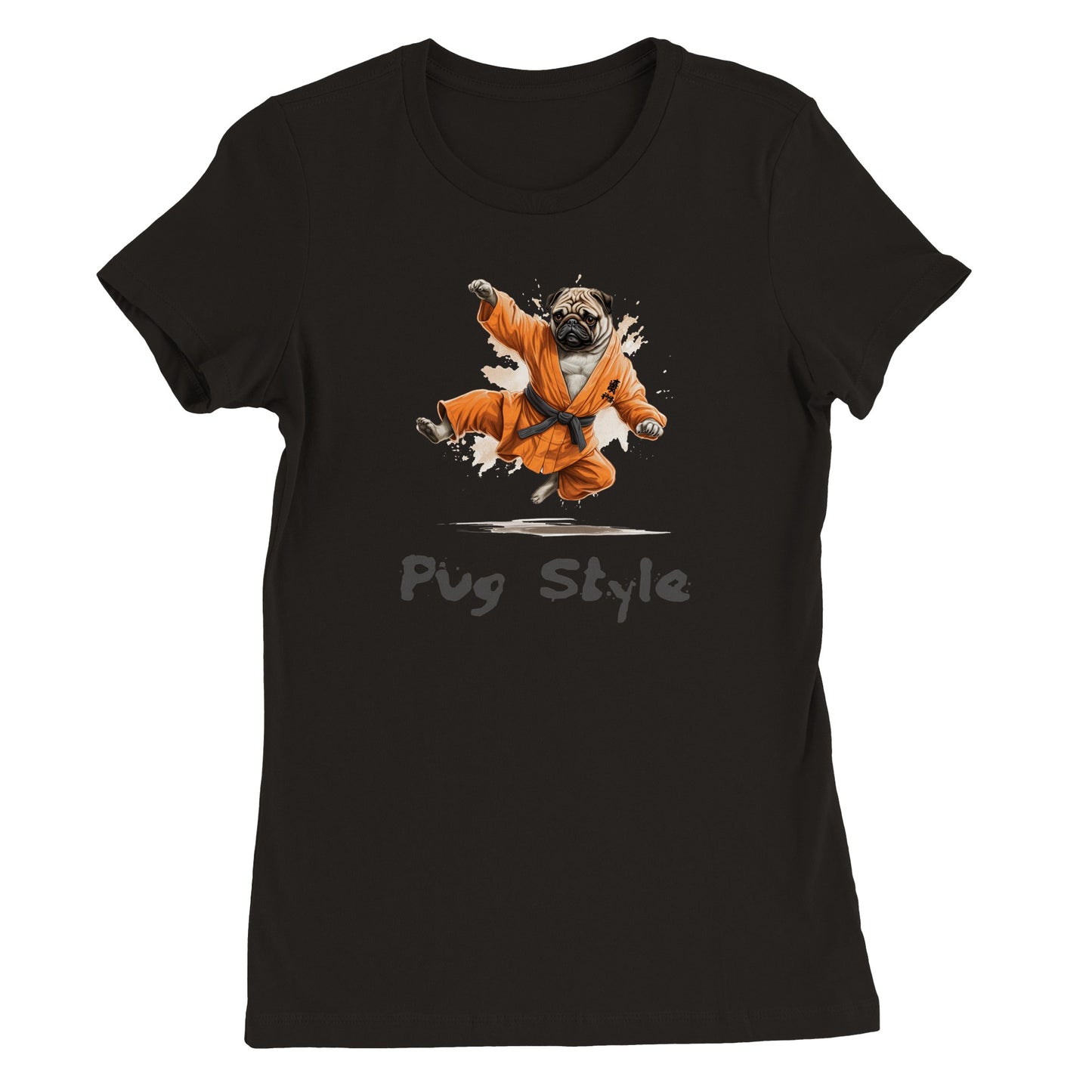 Black t-shirt with a picture of a cartoon pug wearing an orange gi and doing a flying sidekick with the words "Pug Style" written underneath.