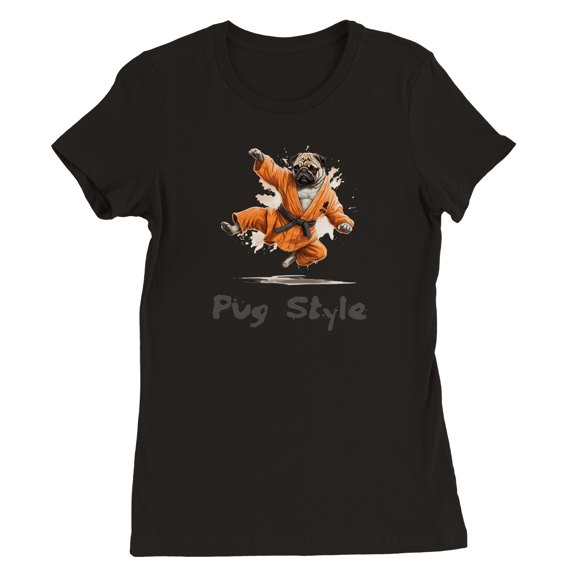 Black t-shirt with a picture of a cartoon pug wearing an orange gi and doing a flying sidekick with the words "Pug Style" written underneath.