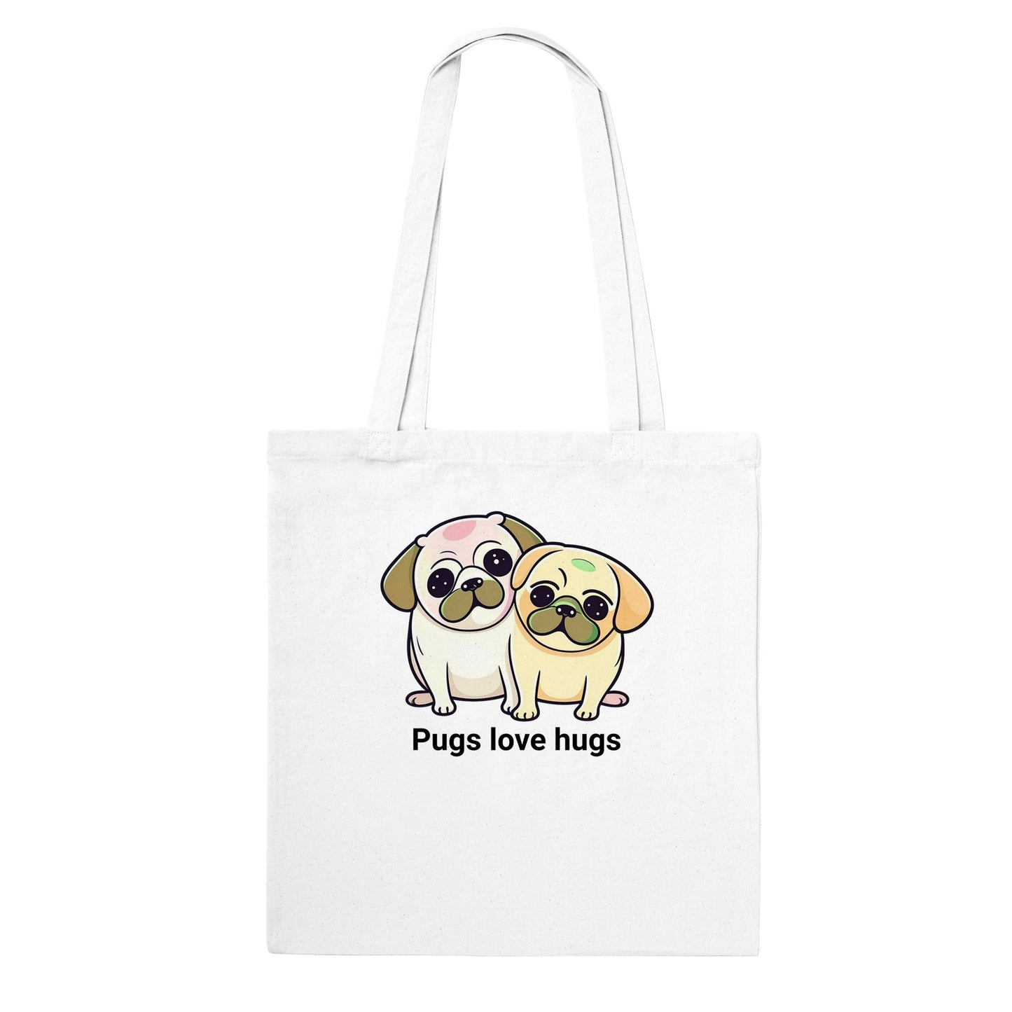 Red tote bag with two pugs sitting snuggled next to each other. The pugs are drawn in a cartoon Kawaii-icon style and one is more white-beige and the other iis yellow-beige. Underneath the pugs are the words "pugs love hugs."