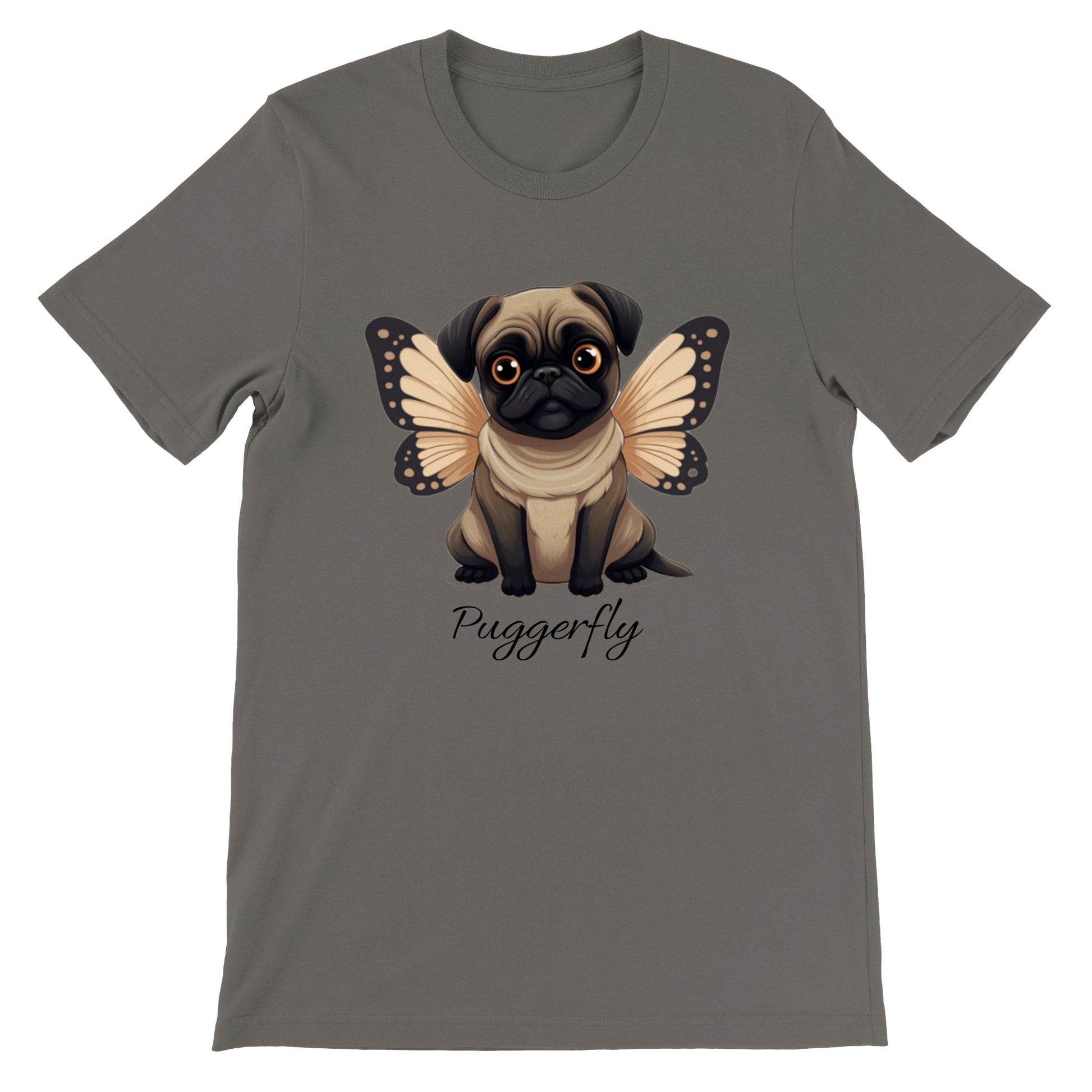 Asphalt t-shirt with a cartoon style picture of a fawn-colored pug with orangey-beige butterfly wings attached to her back and big sad eyes. The word "Puggerfly" is beneath the image.