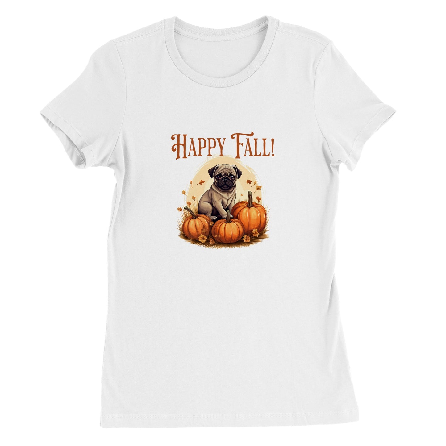 White t-shirt with a picture of a pug sitting in a pumpkin patch