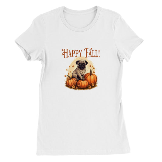 White t-shirt with a picture of a pug sitting in a pumpkin patch