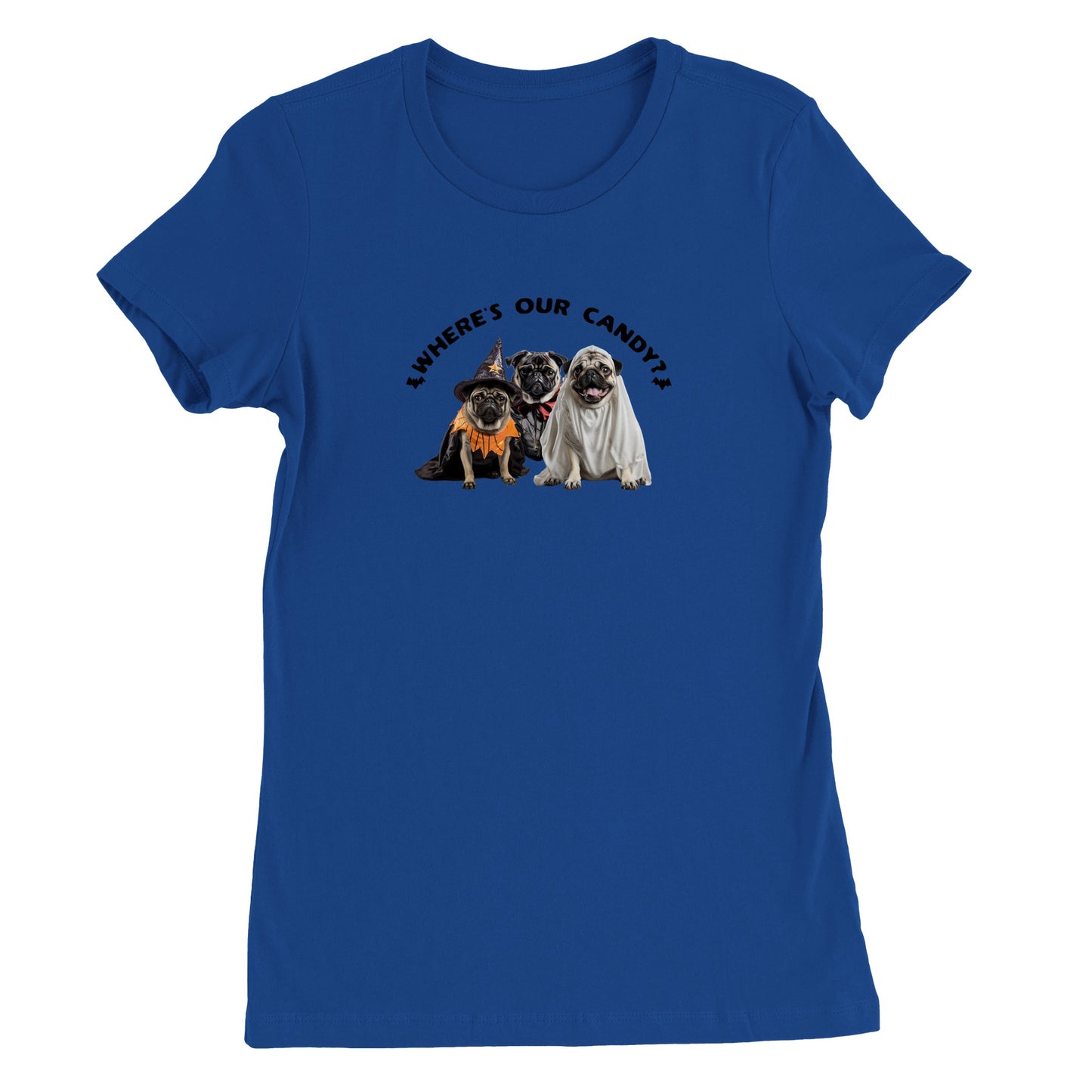 Blue t-shirt with a picture of three pugs--one dressed as a witch, one dressed as a vampire, and one dressed as a ghost with the words "Where's our candy?" arched over them.