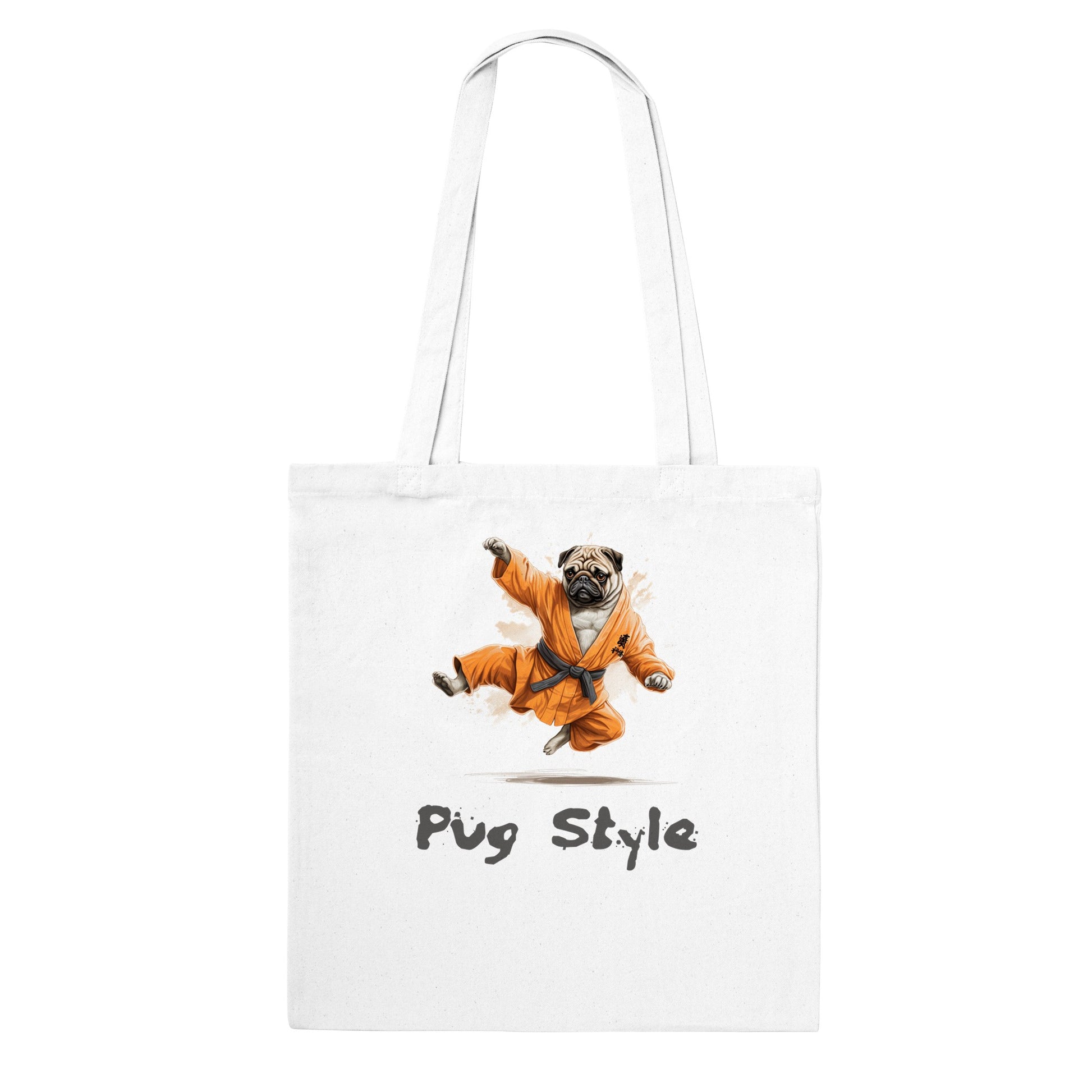 White tote bag with a picture of a cartoon pug wearing an orange gi and doing a flying sidekick with the words "Pug Style" written underneath.