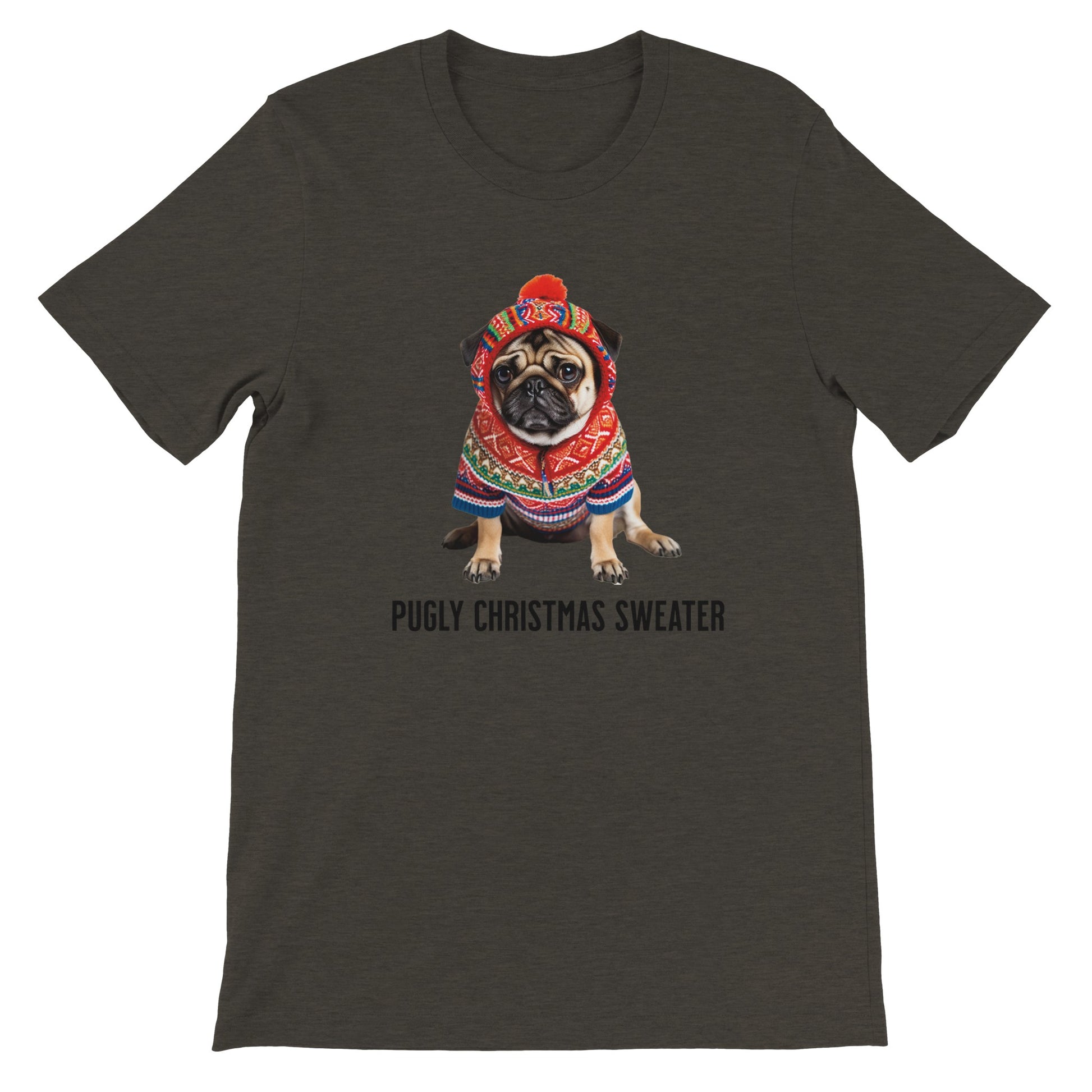 Heather black t-shirt with a picture of a miserable-looking pug wearing an ugly Christmas sweater with a hood on it and the words "Pugly Christmas Sweater" below the image.