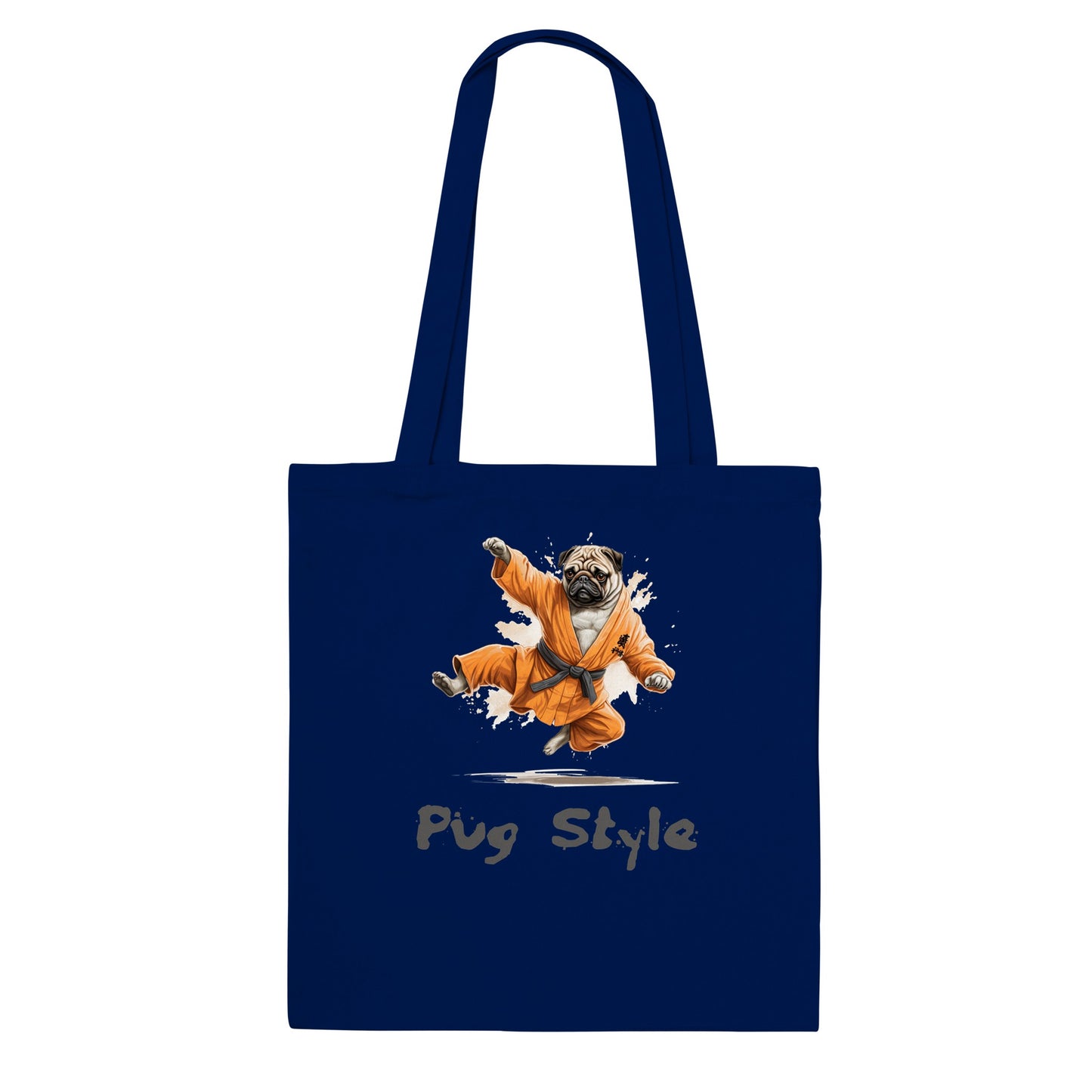 Navy blue tote bag with a picture of a cartoon pug wearing an orange gi and doing a flying sidekick with the words "Pug Style" written underneath.