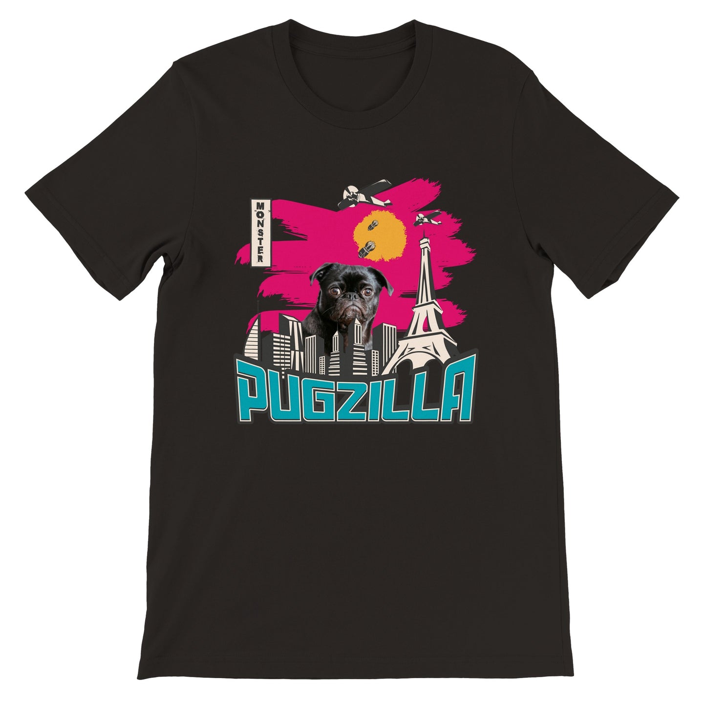 Black t-shirt with the image of a black pug standing over a cityscape under a pink sky with jets dropping bombs on him and with the word "Pugzilla" under it.