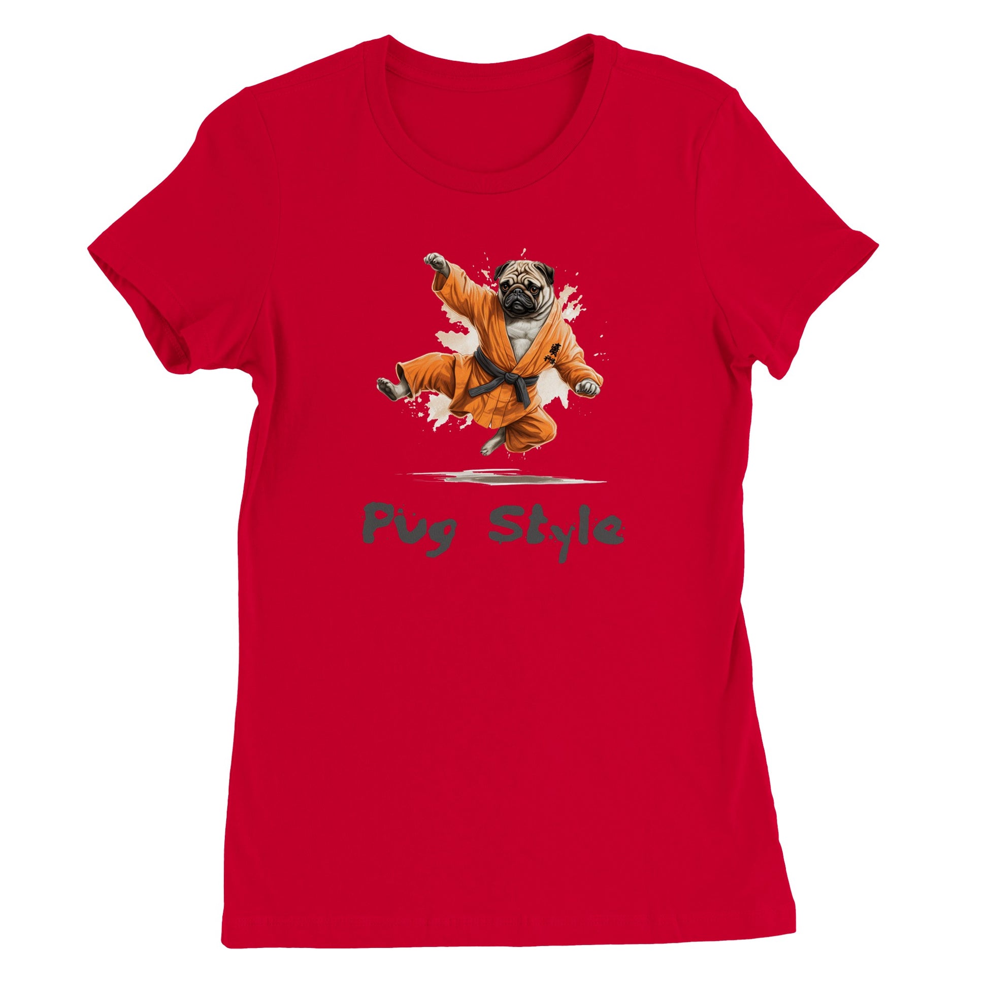 Red t-shirt with a picture of a cartoon pug wearing an orange gi and doing a flying sidekick with the words "Pug Style" written underneath.