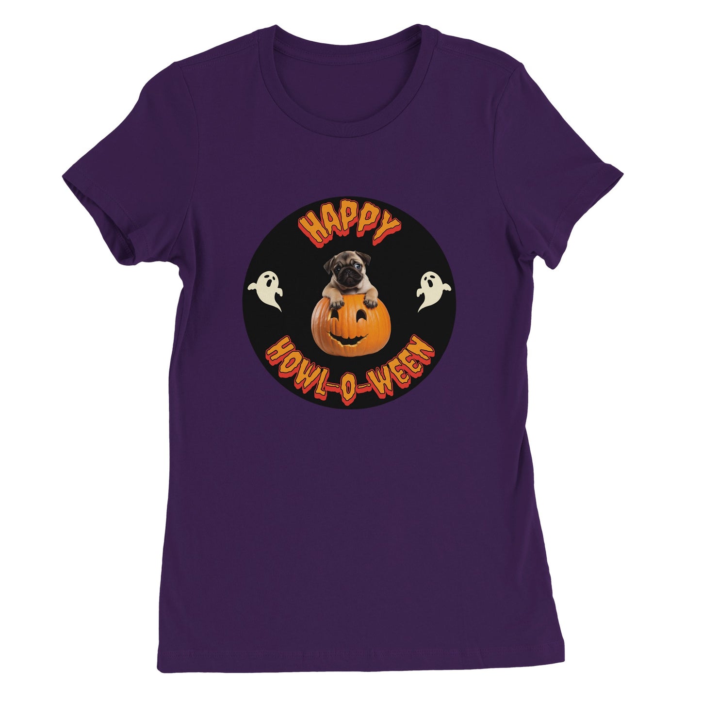 Purple t-shirt with a black circle in the middle. Centered in the circle is a pug puppy climbing out of a jack-o-lantern with the word "Happy" in orange spooky letters curved above the image and "Howl-o-ween" in orange spooky letters curved below the image and a white ghost on either side of the image.