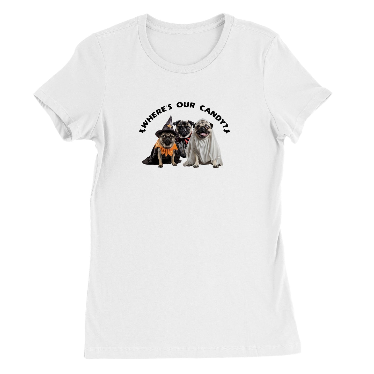 White t-shirt with a picture of three pugs--one dressed as a witch, one dressed as a vampire, and one dressed as a ghost with the words "Where's our candy?" arched over them.