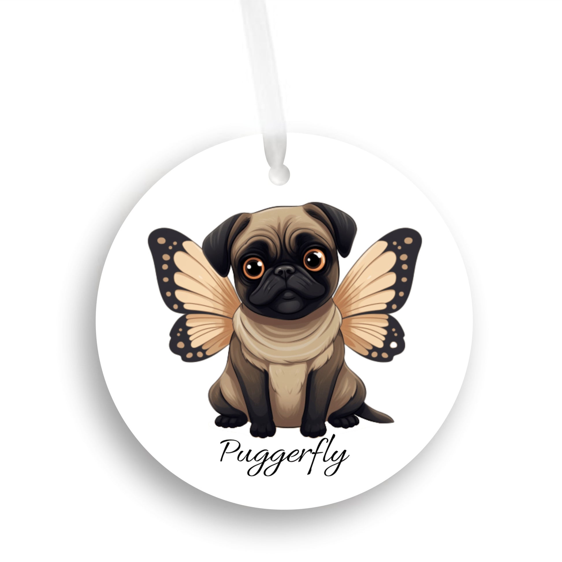 3 inch round white ornament on a white background.  The ornament has a cartoon style picture of a fawn-colored pug with orangey-beige butterfly wings attached to her back and big sad eyes. The word "Puggerfly" is beneath the image.