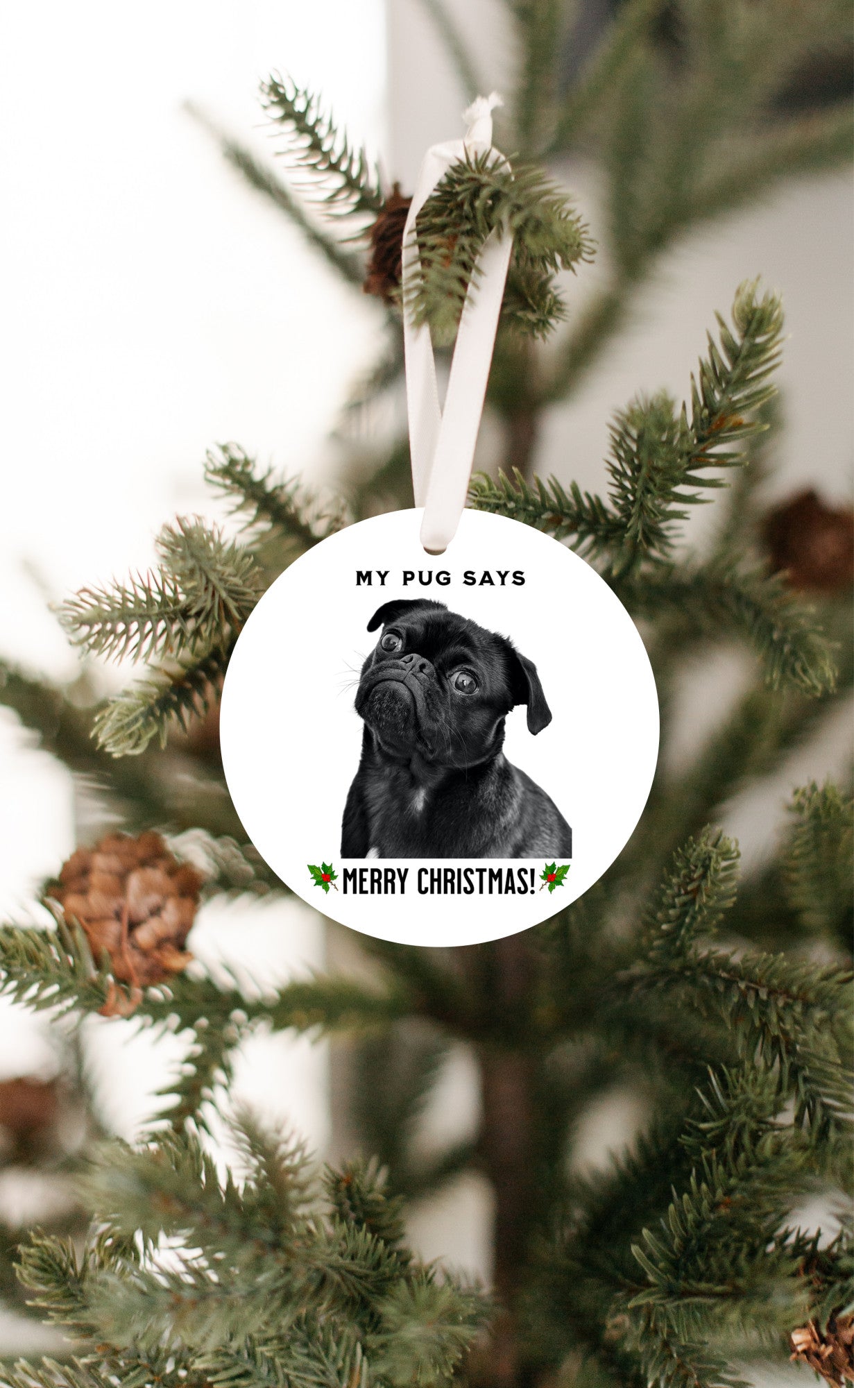 3 inch round flat white ornament hanging in a Christmas tree with a picture of the head and shoulders of a black pug with the words "My pug says" above the pug and "Merry Christmas" below the pug. 