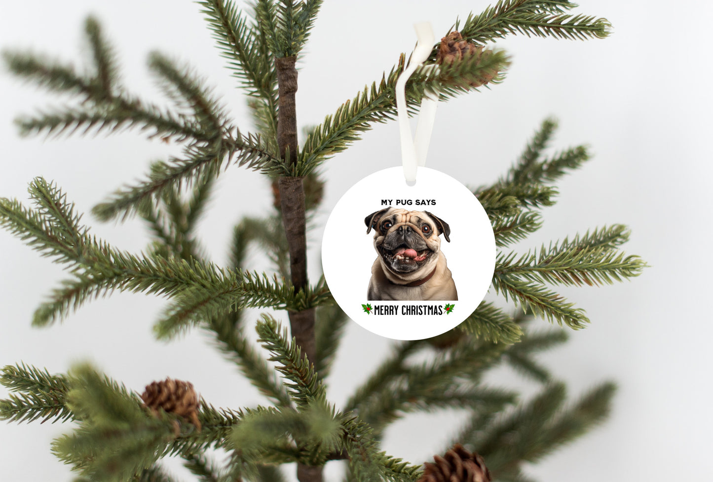 3 inch round flat white ornament hanging in a Christmas tree with a picture of the head and shoulders of a fawn-colored pug with the words "My pug says" above the pug and "Merry Christmas" below the pug. 